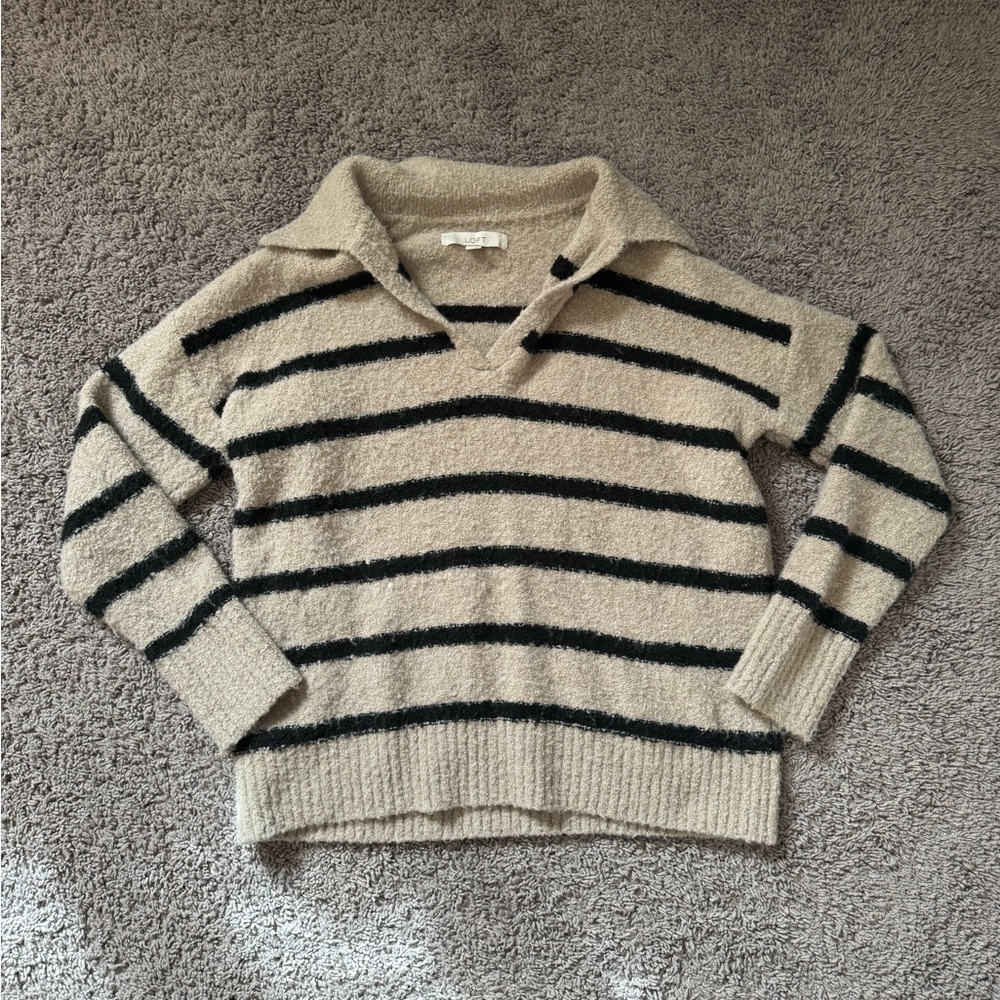 Ann Taylor Loft Black & Tan Striped V Neck Collared Sweater Oversized